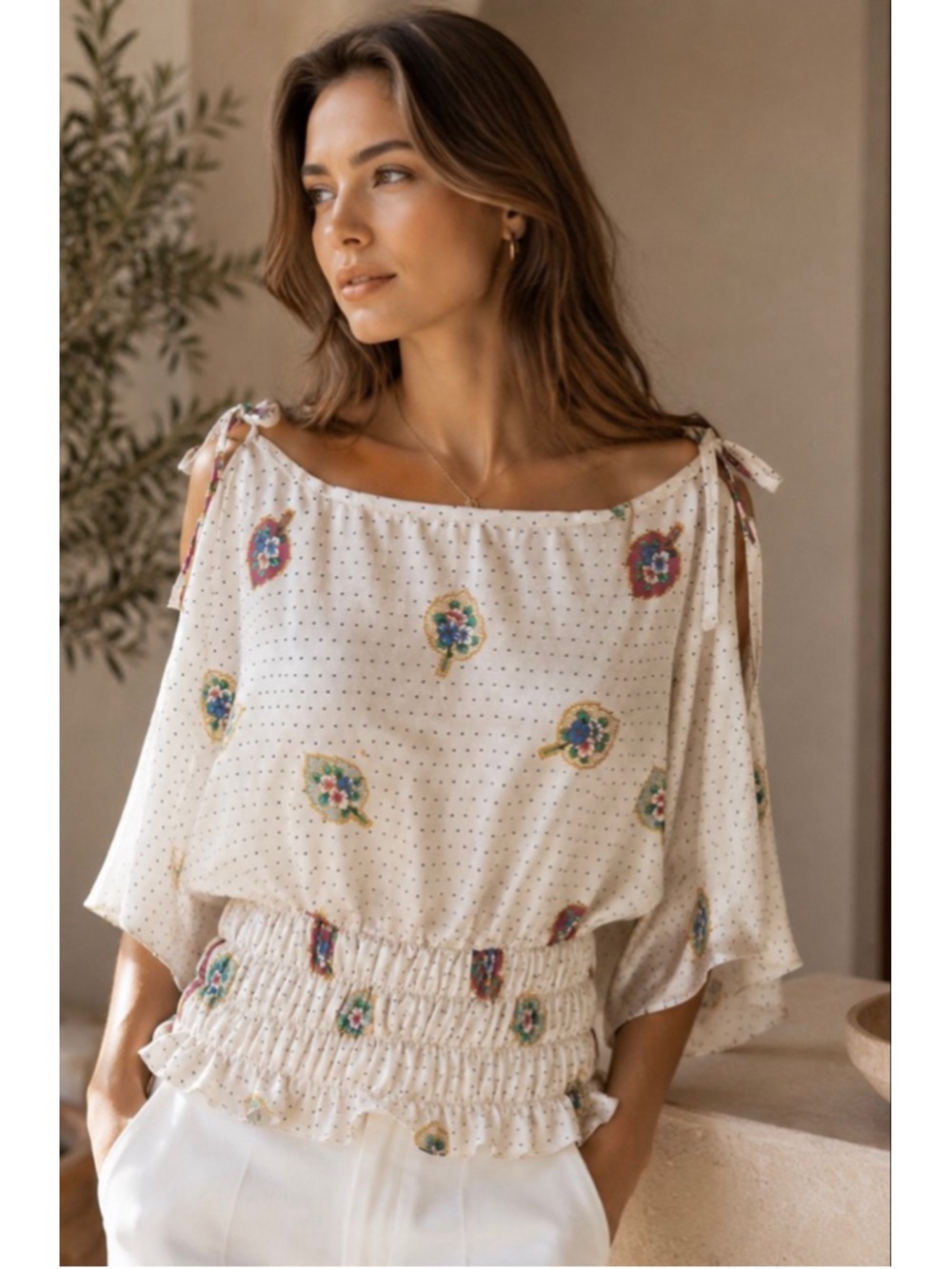 Tolani Cream Polka Dot Floral Blouse S Silk Blend